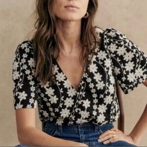 Sezane Black and White Floral Blouse